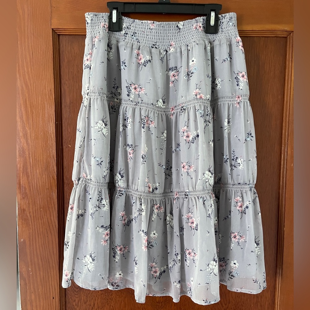 Wispy Sundance Catalog tiered skirt in light grey with wildflowers.